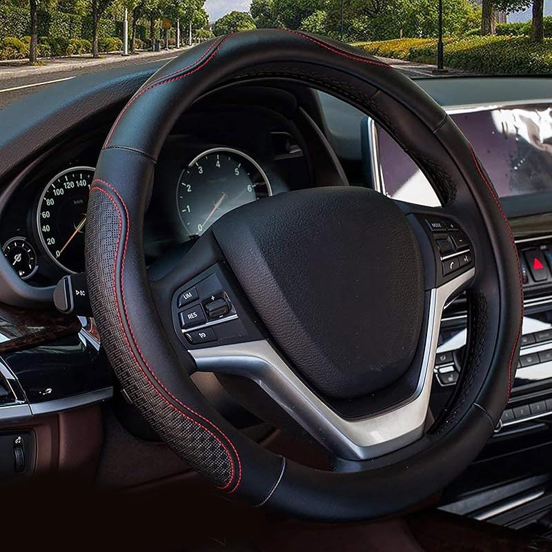 Valleycomfy Leather Steering Wheel Covers Universal 15.75 Inch -Breathable, Anti Slip & Odor Free (Black With Black Lines,L(15" 1/2-16"))