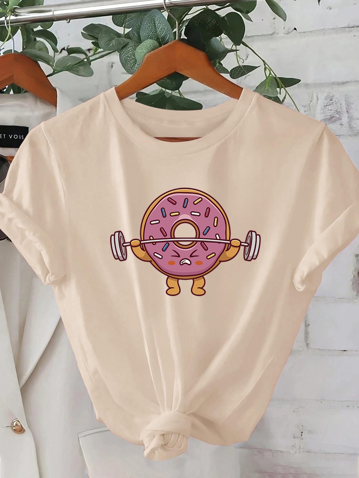 

WomenS Casual Graphic Cute Donut Barbell Design Sleeve Crew Neck Polyester Perfect for Outfits Cute T Shirts Aesthetic Clothes S