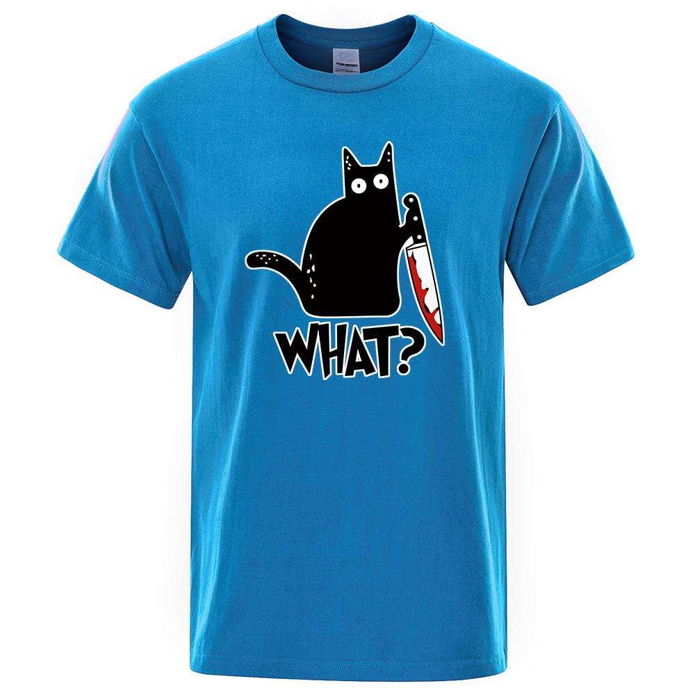 Funny Knife Cat Cartoon Printed T-Shirt Men Fashion Casual Short Sleeves Loose Oversized Cotton Tshirt Summer Breathable Tees
