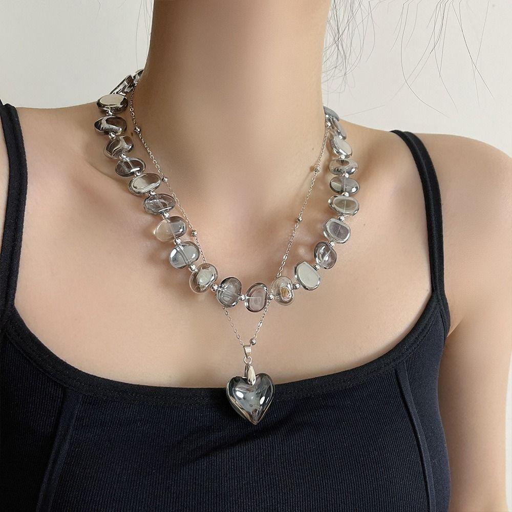 Irregular Beaded Necklace Exaggerate Heart Pendant Necklace Elegant Collarbone Chain  Party