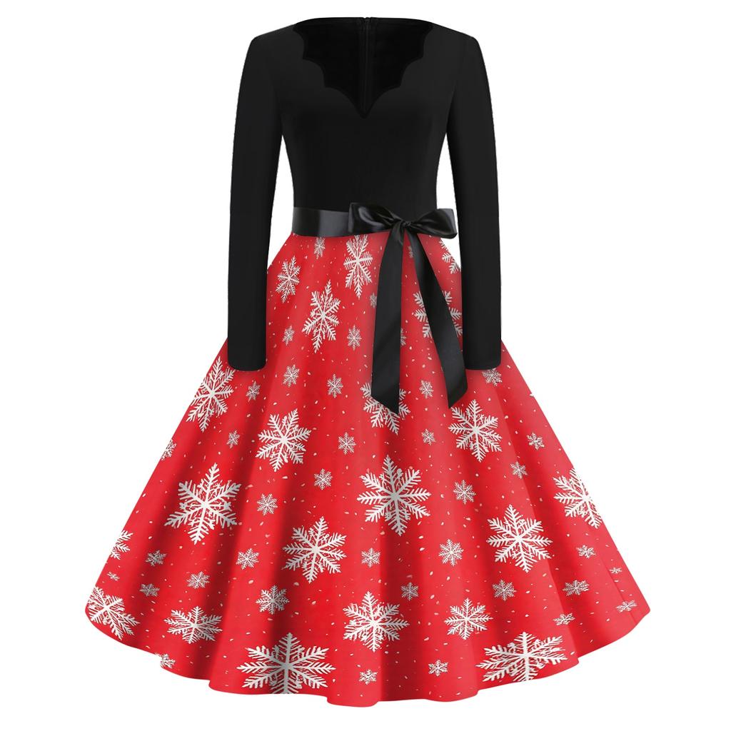 Women's Casual Christmas Print V Neck Vintage Dress for Holiday Party and Everyday Wear