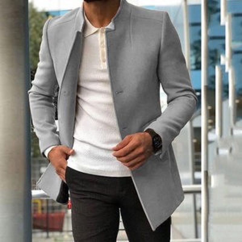 European Size Men's Spring/Fall Slim Fit Woolen Coat - Solid Color Youth Suit