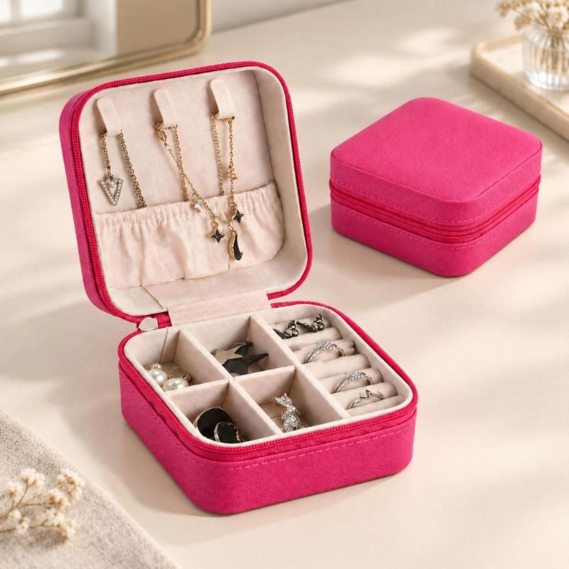 Zippered Leather-Material Jewelry Storage Case with Lid Hooks, Interior Pocket, Ring Rolls, and Removable Dividers