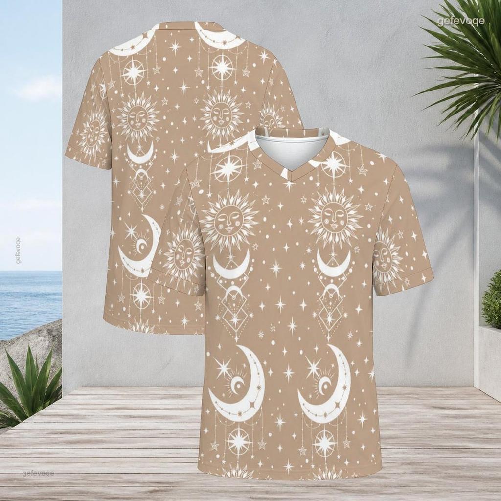 Men Plus Size V Neck Short Sleeve T Shirt Retro Mountain Print Brown Casual Pullover