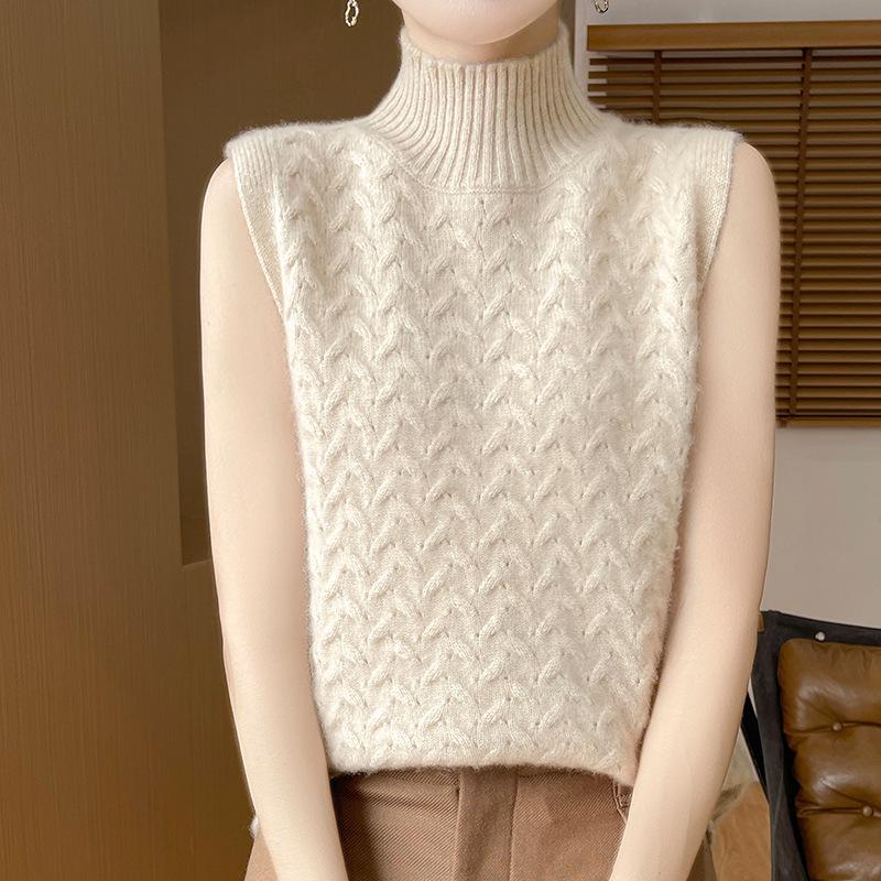 2025 Women's Wool Cable Knit Half-High Collar Sleeveless Sweater Vest