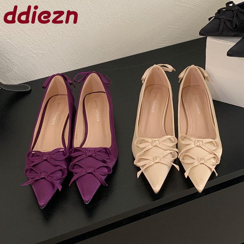 Fashion 2025 New Fashion Silk Shallow Women Low Heel Shoes Butterfly-Knot Female Slip On Footwear Pointed Toe Ladies Heels Pumps Shoes