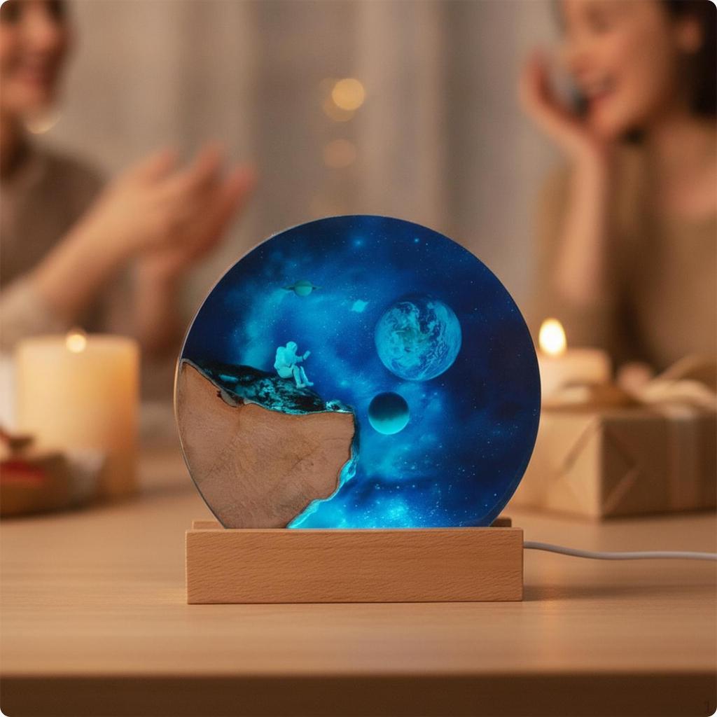 Resin Night Light with Wooden Base Corded Astronaut Compact Lamp for Kids,