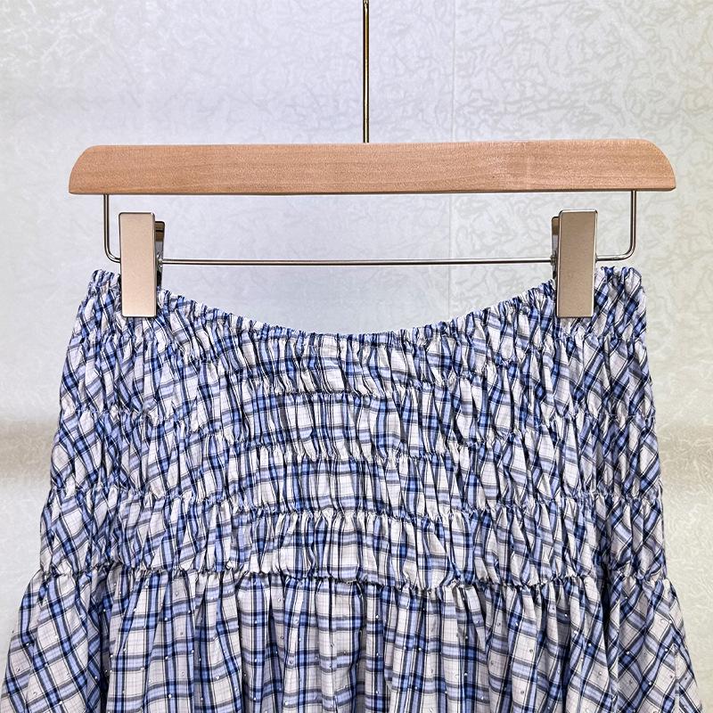 Seaside Blue & White Plaid Beaded Camisole Top + High-Waisted Skirt Set