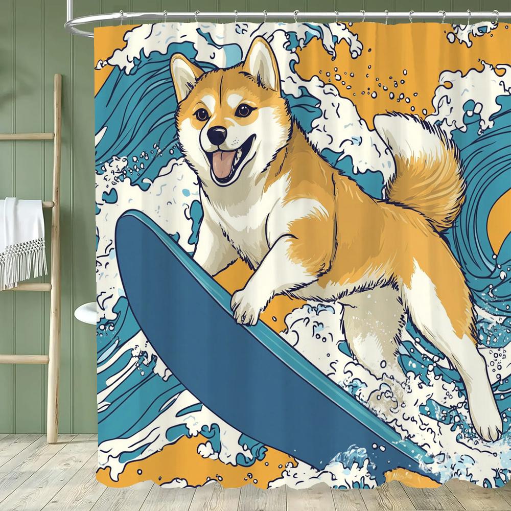1pc Funny and Creative Surfing Cat and Dog Shower Curtain,Cartoon Bathroom Curtain,Home Polyester Decoration Curtain With Hooks