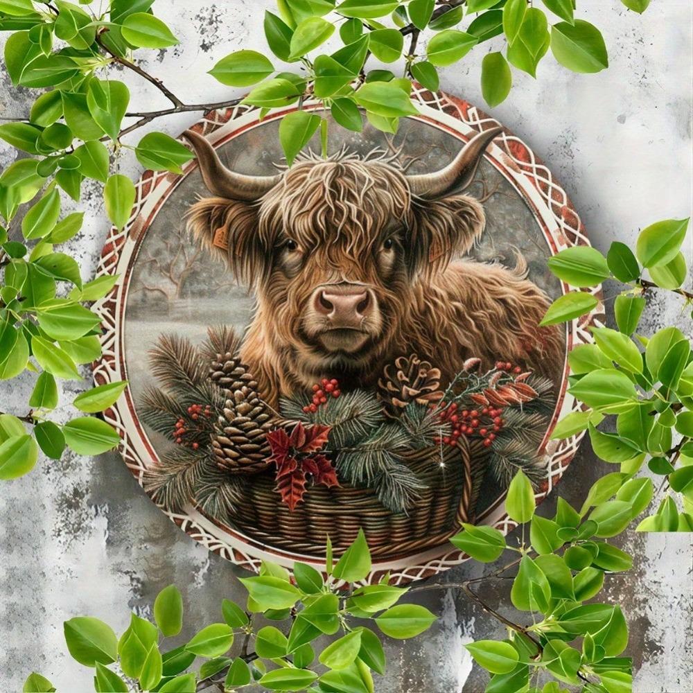 Vintage Metal Highland Cow Holiday Wreath Wall Decor Christmas Halloween Home Gift