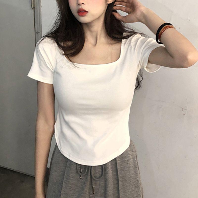 Women Short Sleeve Square Neck T-Shirt Spring and Autumn New Irregular Hem Slim Casual Top Girl Bottom Shirts