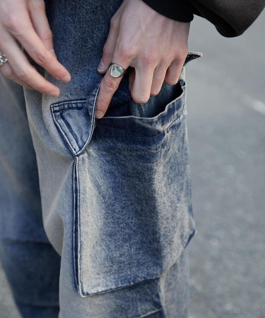 WEGO Medium Denim Easy Cargo Wide Leg Korean Medium Medium Denim Men's Pants, Pants, Streetwear, Sports, Outdoor, Style, Spring, Summer, Autumn,