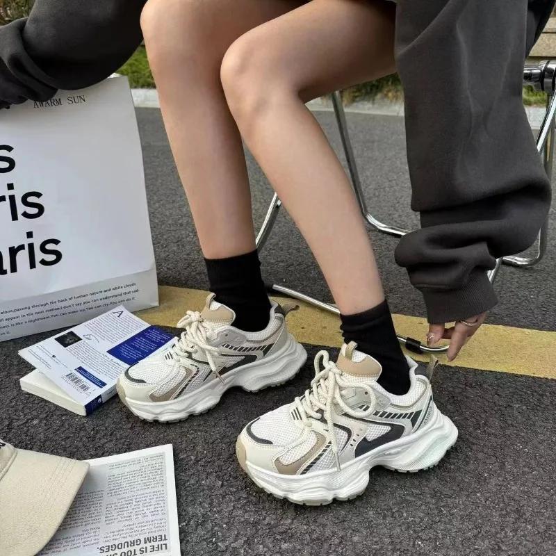 Size 34-40 Women Sneakers Leather Mesh High Heels For Women Casual Lace Up Shoes Fashion Platform Shoes Trend