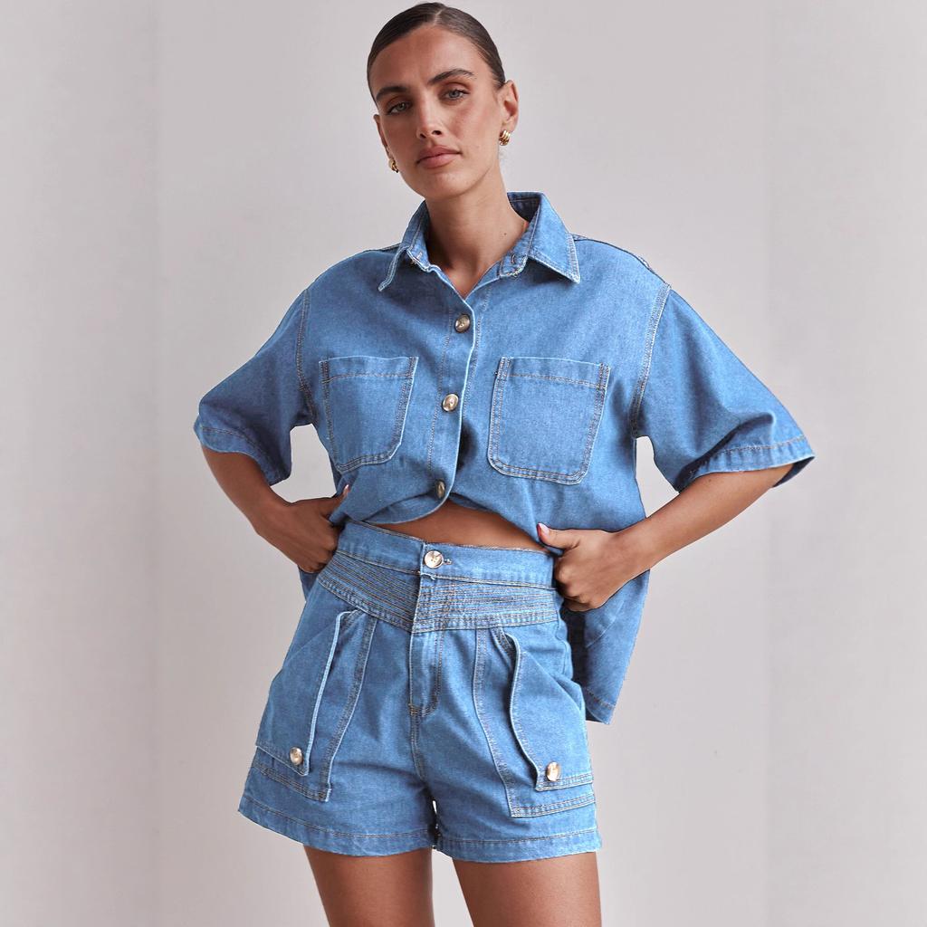 Summer Women's Casual Retro Loose-fitting Shirt and Denim Shorts Set for Street Style with A Unique Touch