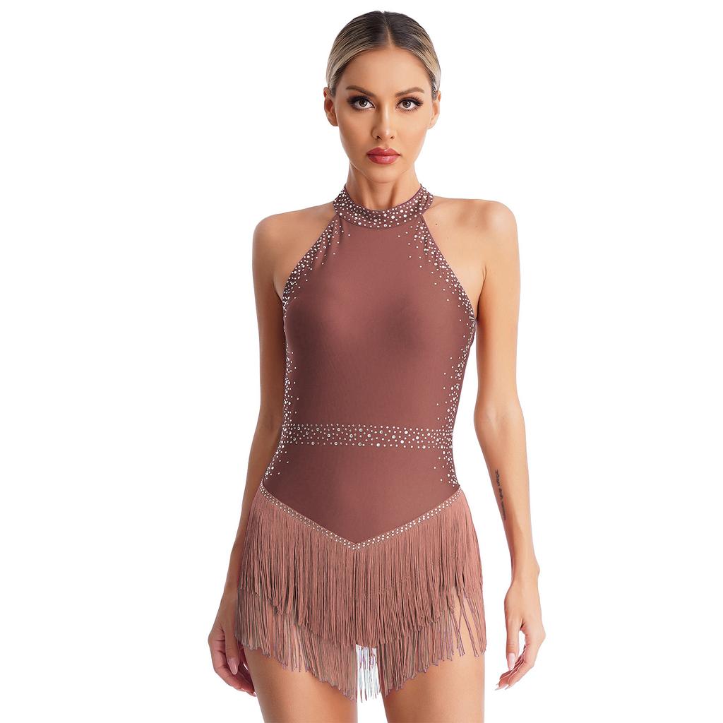 Damskie błyszczące cyrkonie frędzle trykot Halter bez rękawów Backless Fringe body sala balowa Latin Tango Salsa kostium taneczny
