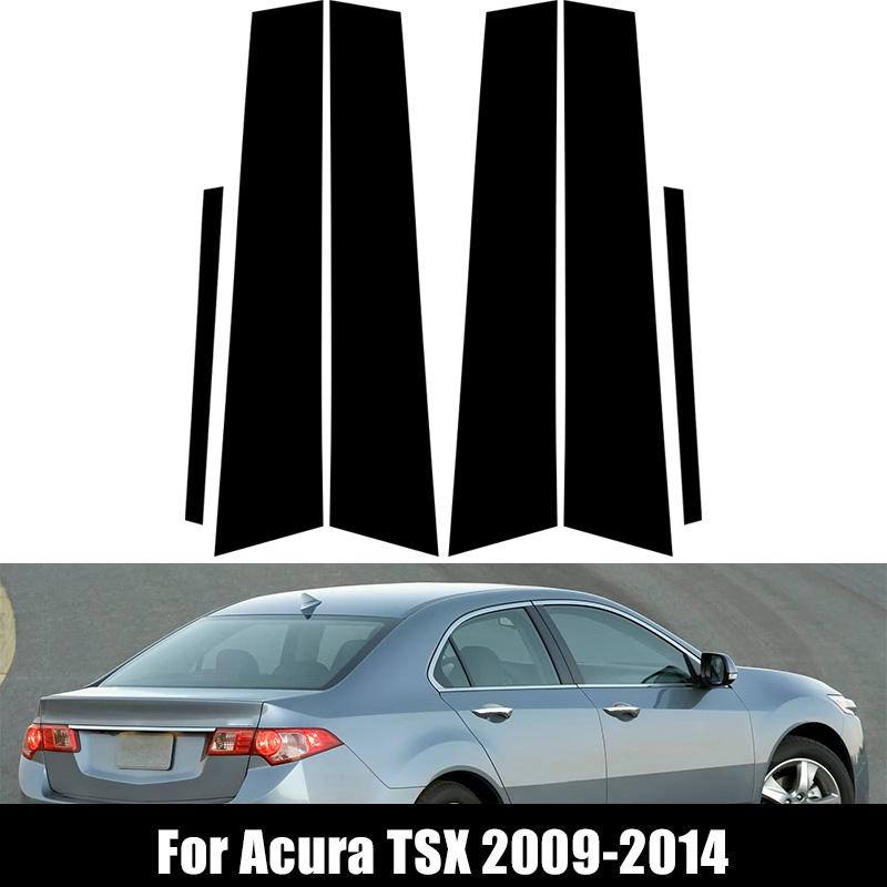 6Pcs Fit For Acura TSX 2009-2014 Glossy Black PC Material Mirror Effect Car Door Window Center Middle BC Pillar Post Column Cover Trim