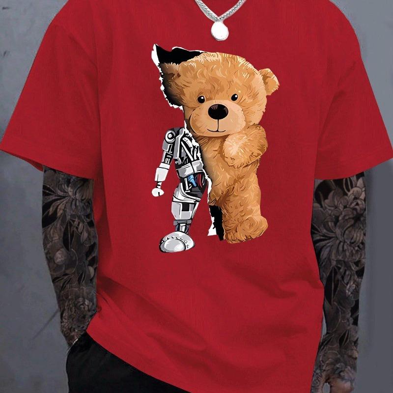 Men's 100% Pure Cotton Summer Loose Oversized Casual Mechanical Bear Pattern Printed Sports Round Neck Short Sleeved T-shirt Top