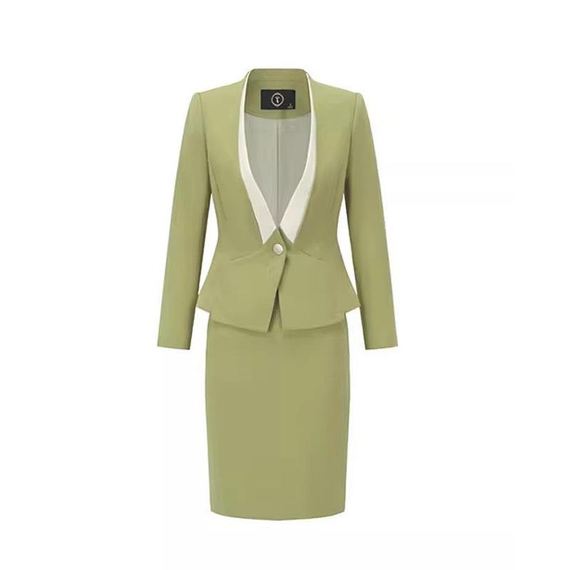 Women's Long Sleeve Collarless Suit Jacket Set - Spring/Autumn Workwear for Flight Attendants or Hotel Staff