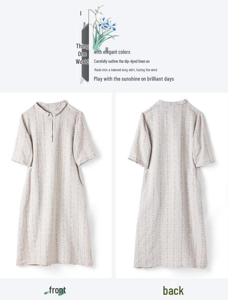 Women's Artistic Floral Print Linen Midi Dress - Summer, Loose Fit, Mid-Sleeve, Lapel Collar.