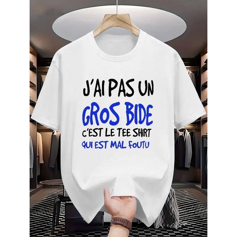 

European sizes Men s Premium Casual Printed T-Shirt - JAI PAS UN GROS BIDE Text, Short Sleeve, Crew Neck, Smooth Polyester Fabric 4XL білий