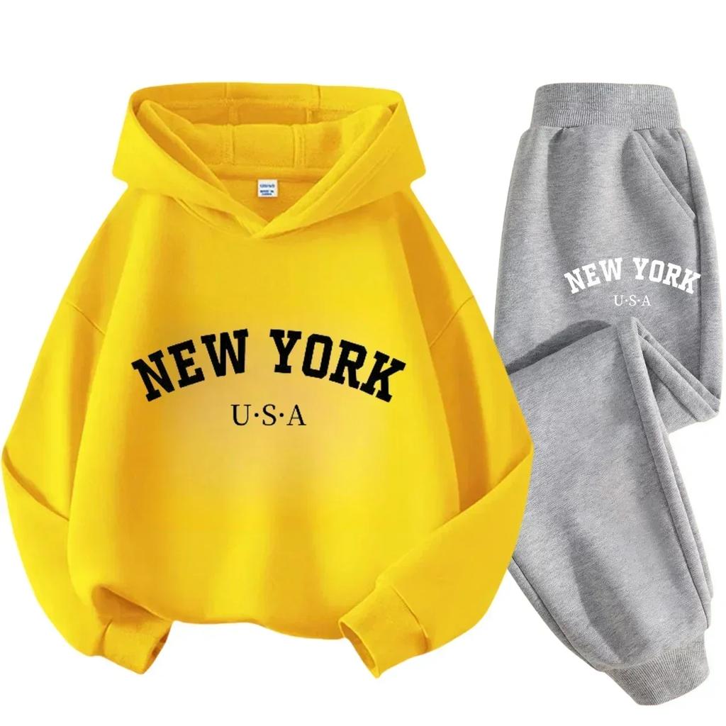 New York American Letter Print Children Hooded Sweatshirt Pants Two-piece Set Boy Girl Autumn Winter Daily Loose Warm
