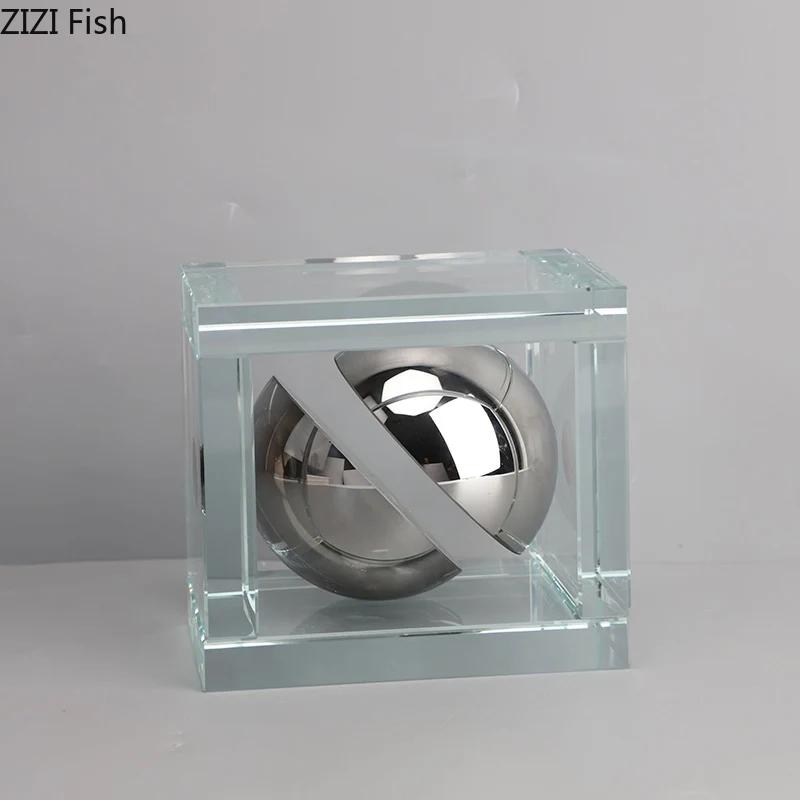 Geometric Square Block Silver Ball Crystal Ball Ornaments Desk Decoration Modern Crafts Abstract Artwork Room Aesthetic Decor