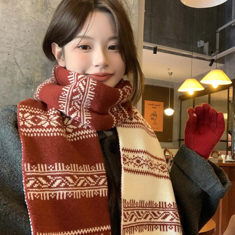 Christmas Snowflake Double-sided Knitted Cashmere Scarf Women's Winter Korean Atmosphere Warm Neck Protection Wool Scarf Shawl