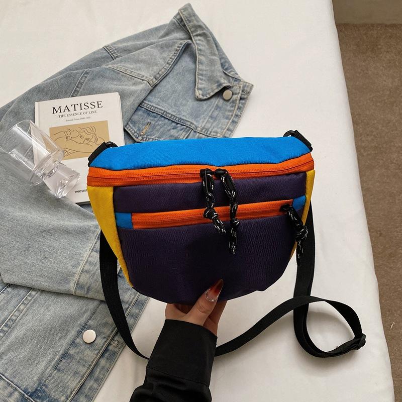 Summer Contrasting Color Saddle Bag Women'S Bag Foreign Style Canvas Shoulder Messenger Bag Niche Design Versatile Breast Bag