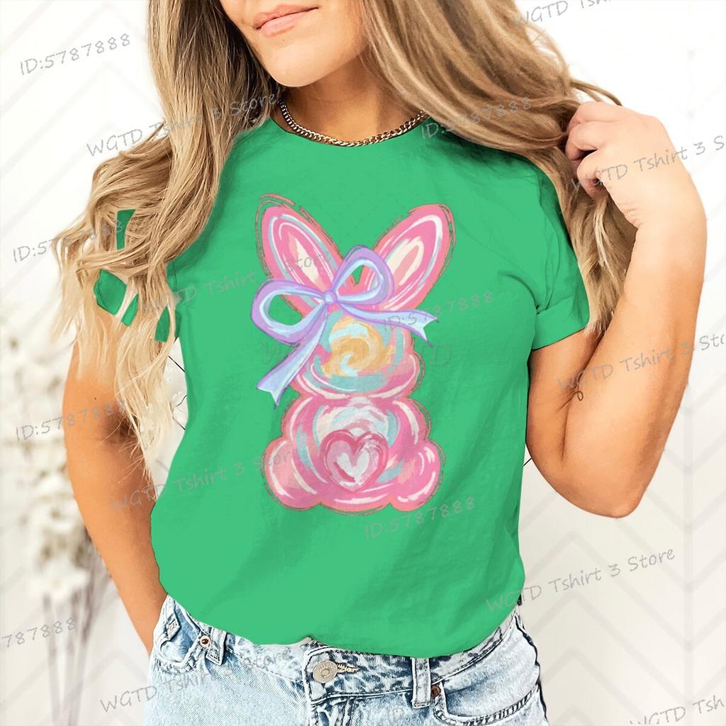 Womens Clothing Cute Bunny Easter Day Gift for Women Bunny Coquette Bow T Shirt Girls Easter Pink Bunny Crew Neck Retro Shirts