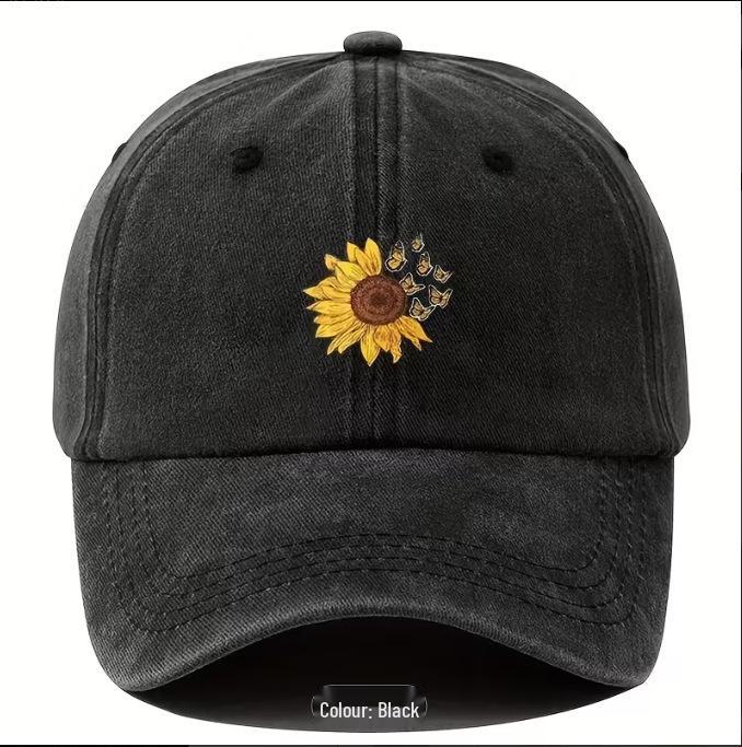 Sunflower Print Washed Dad Hat - Stylish Korean Baseball Cap for Men & Women, Versatile Sun Protection.