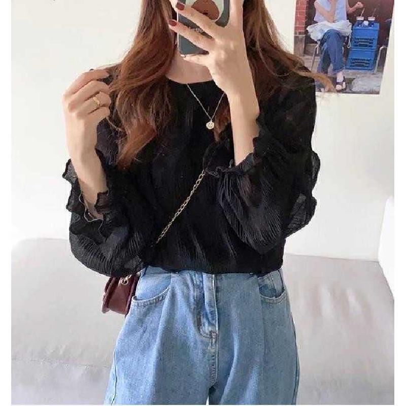 2026 Spring and Autumn New Pleated Chiffon Blouse, Loose and Versatile, Long Sleeve Women's Casual Round Neck Top