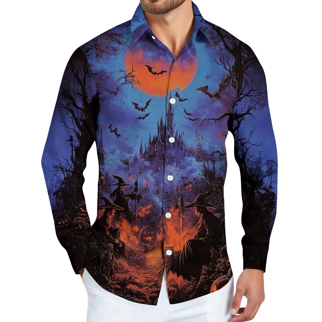 Men's Halloween Print Long Sleeve Button-down Shirt