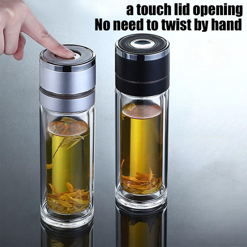 350/430ml Portable Quick Opening Glass Water Bottle Business Style Double Layer Tea Water Coffee Mug For Travel Home Car Office