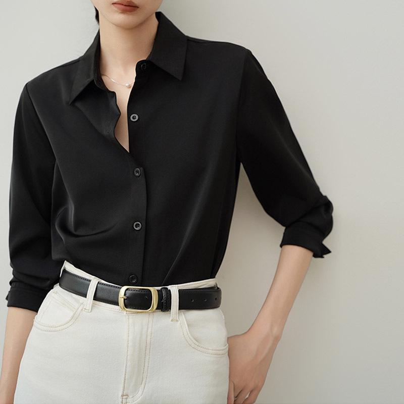 Women's Acetate Satin Long Sleeve Shirt - 2025 Spring & Autumn Petite Collection, French-Inspired High-End Design
