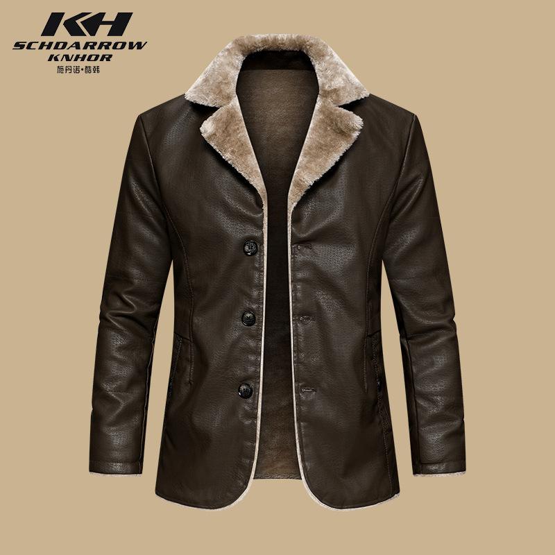 Men's leather jacket new autumn and winter trend fleece thickened blazer men's motorcycle leather jacket