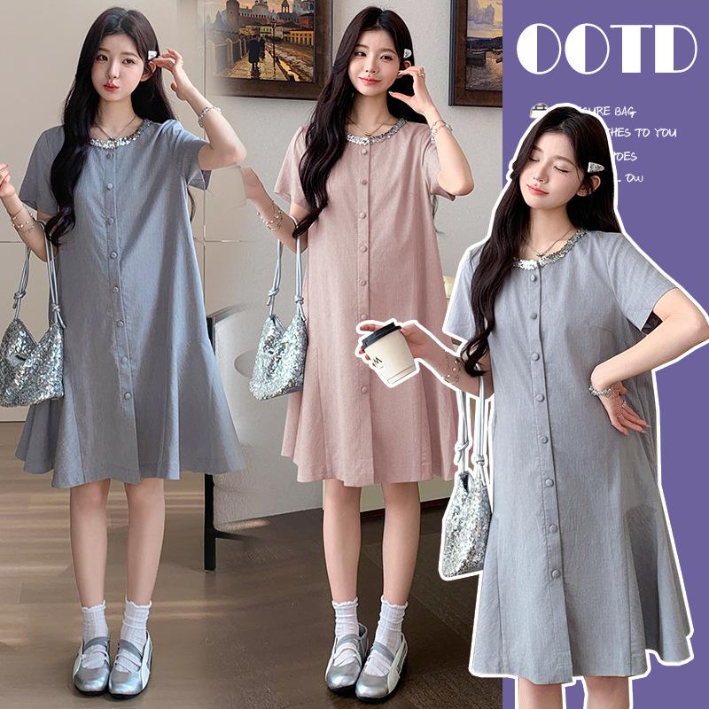 Summer 2026 Sequin Round Neck Maternity Dress – Fashionable Loose Fit for Work & Casual Wear XL