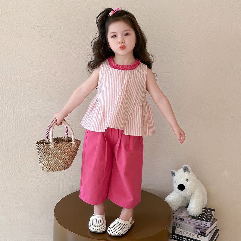 

Women Children Sweet Set Summer 2025 New Baby Lace Collar Vest Summer Clothing Little Girl Fashion Two-piece Set Pink 90cm