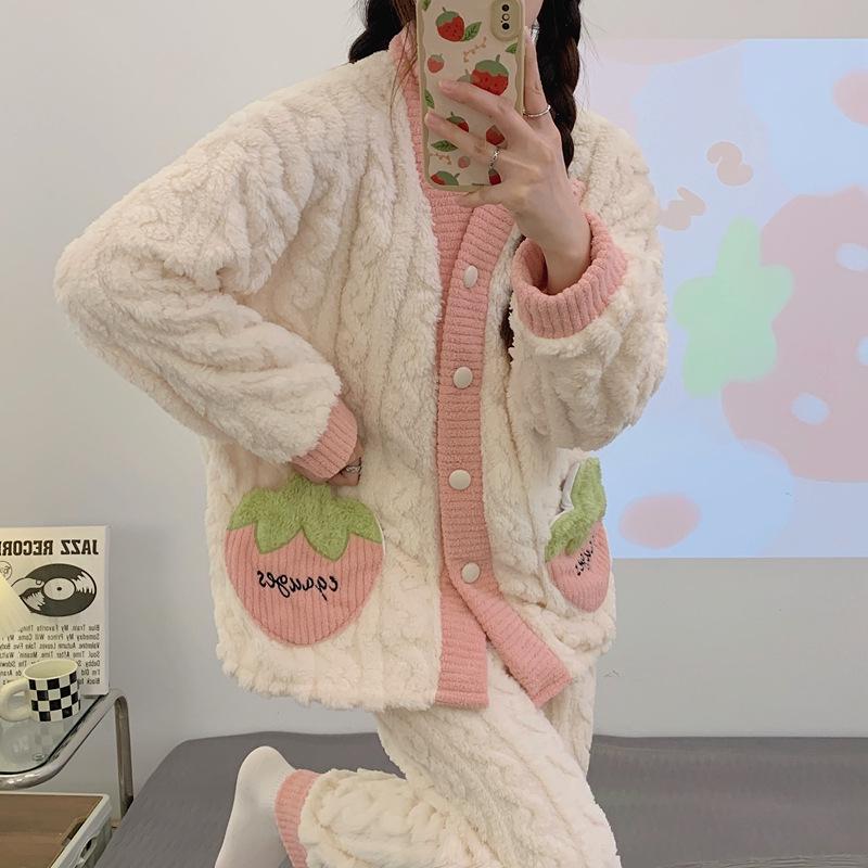 Women's Autumn & Winter Jacquard Coral Fleece Pajamas, Cute V-Neck Cardigan, Thick & Cozy Home Wear