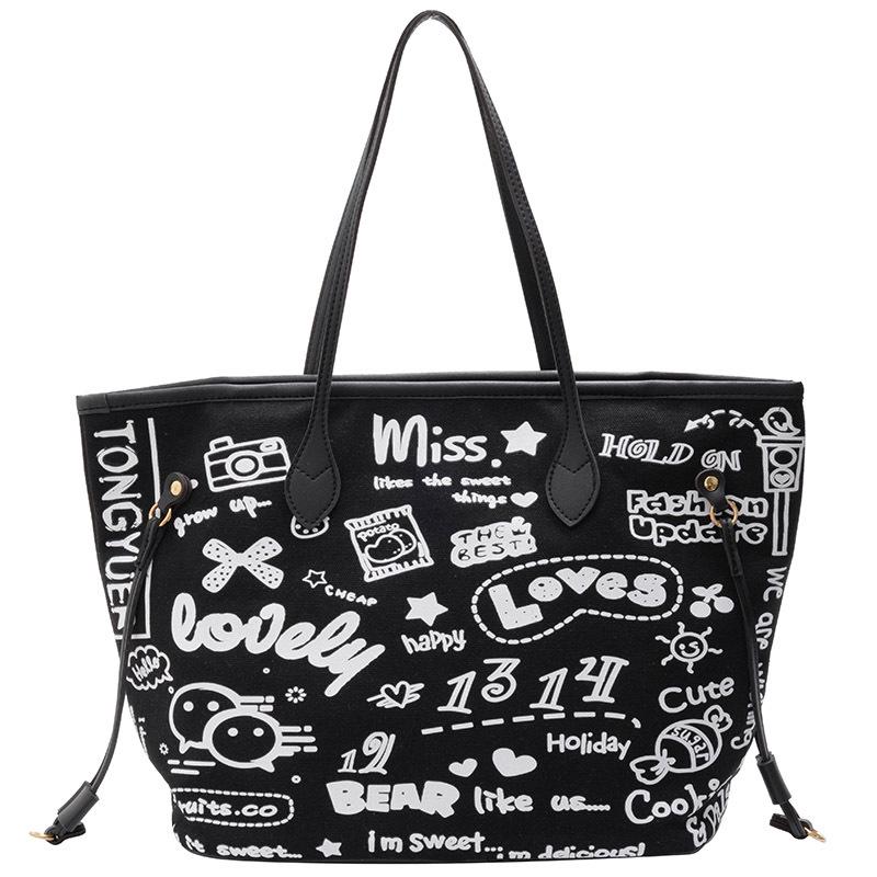

Новая модная холщовая сумка с принтом, женская большая холщовая сумка на плечо, сумка для покупок из холста чёрный