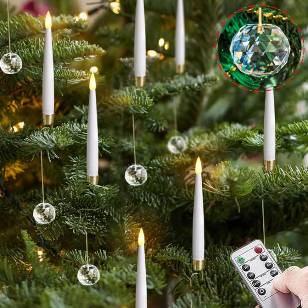 Flashing Short LED Taper Candles With12 Crystal Ball Hooks, Battery-operated Timer,  Plastic Window, Flameless, Illuminated