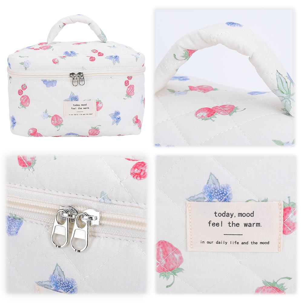 3Pcs Cute Quilted Cosmetic Bag Large Capacity Adorable Padding Skincare Pouch Strawberry Print Bathroom Shower Travel Bag