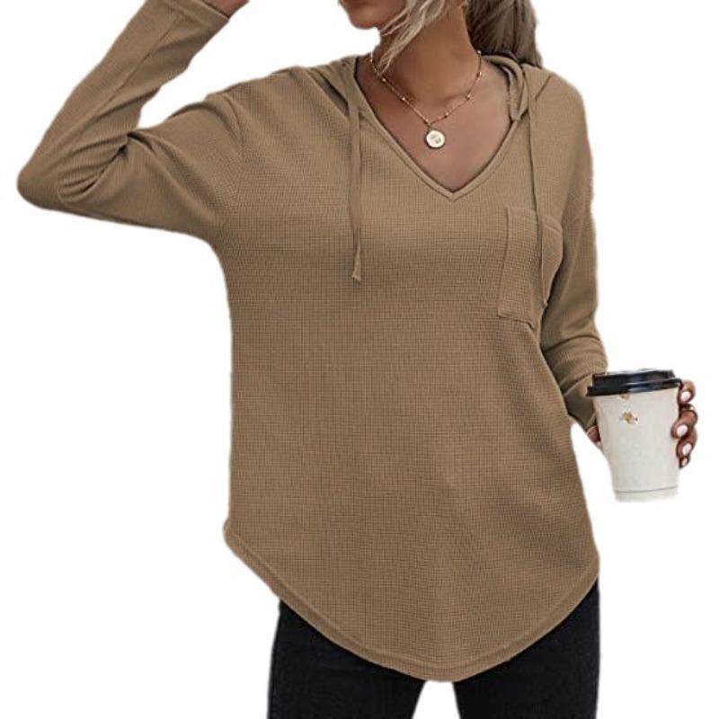 New Women's V-Neck Waffle Knit Hoodie, Drawstring Pocket Pullover with Long Sleeves, Casual & Sporty Lounge Top for Daily Wear