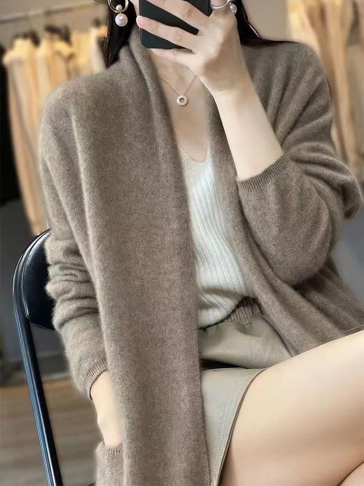 Autumn and Winter Women's Cardigan Long Sleeve Sweater Solid Color Loose Warm Knitwear Female Long Coat