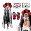 Party Ready Gothic Lace Hairpiece Set with Rose Trim and Matching Gloves for Halloween Cosplay Costume Looks and Photos