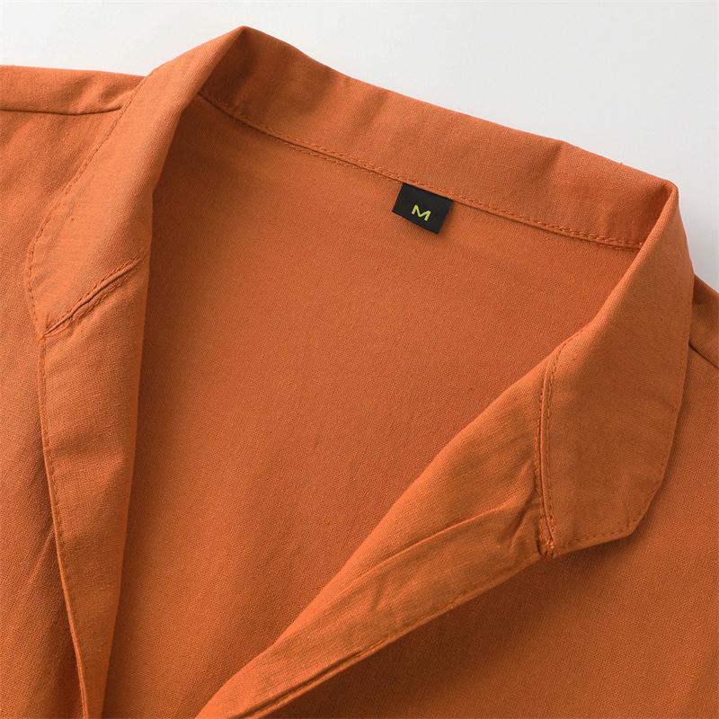 Men Stand Collar Button Up White Black Blue Solid Long Sleeve Shirt Vintage Cotton Plus Size Tops