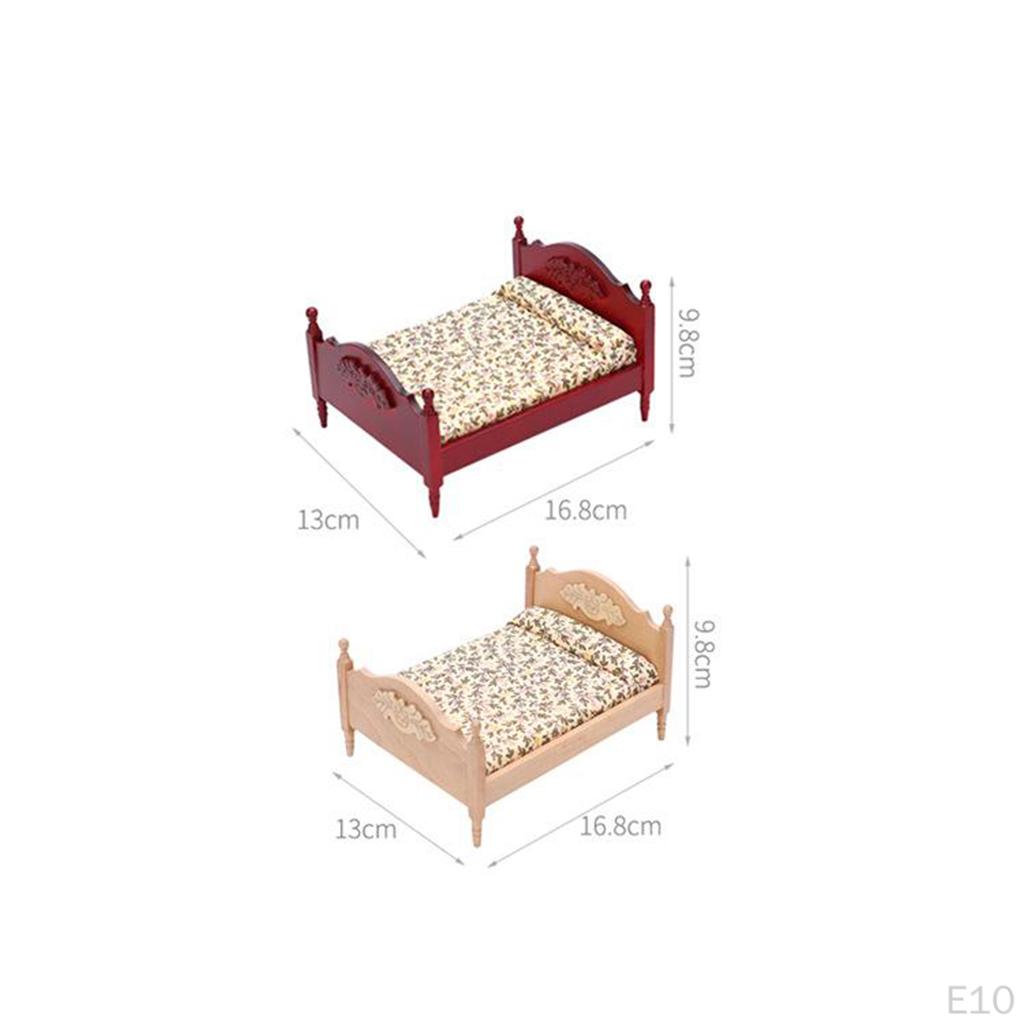 Miniature Birch Wood Upholstered Double Bed And Bedroom Accessories Furniture 1:12 Scale Doll House