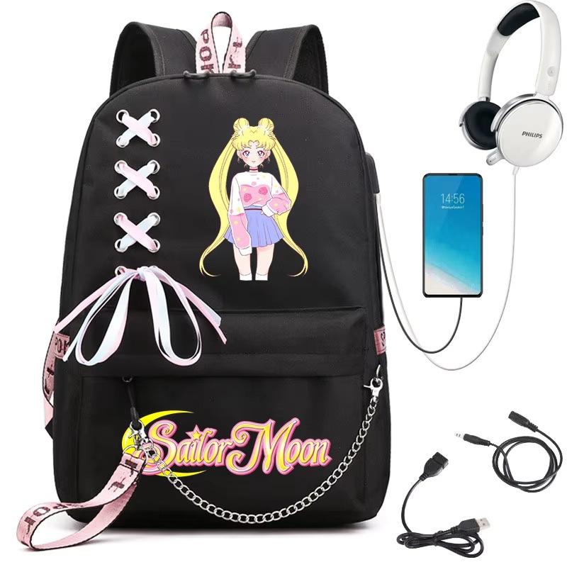 Sailor Moon Printed Student Backpack Ribbon Shoulder Bag Girls School Travel Backpack Large Capacity School Bag