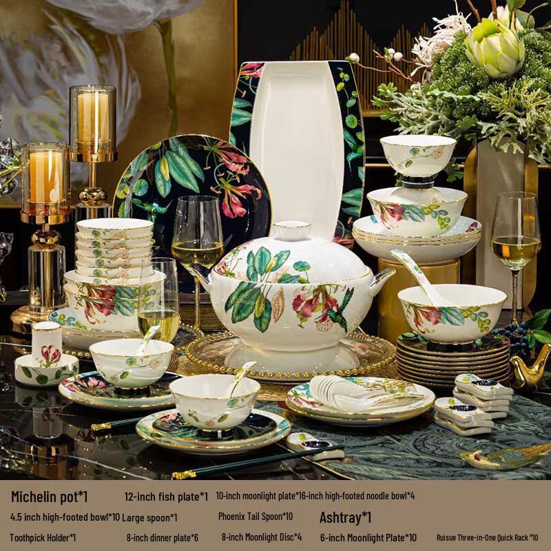 Jingdezhen Lingshi 60-Piece Tropical Rainforest Bone China Dinnerware Set