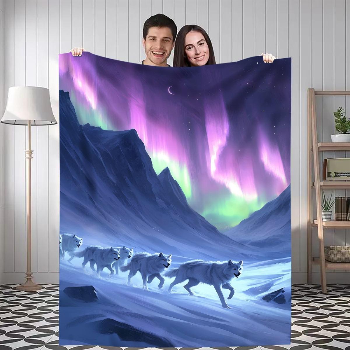 1pc Aurora Wolf Pack Digital Printed Design Blanket - All-Season Soft Flannel Throw with Vibrant Northern Lights & Wolf Silhouet 75x90cm28x35in