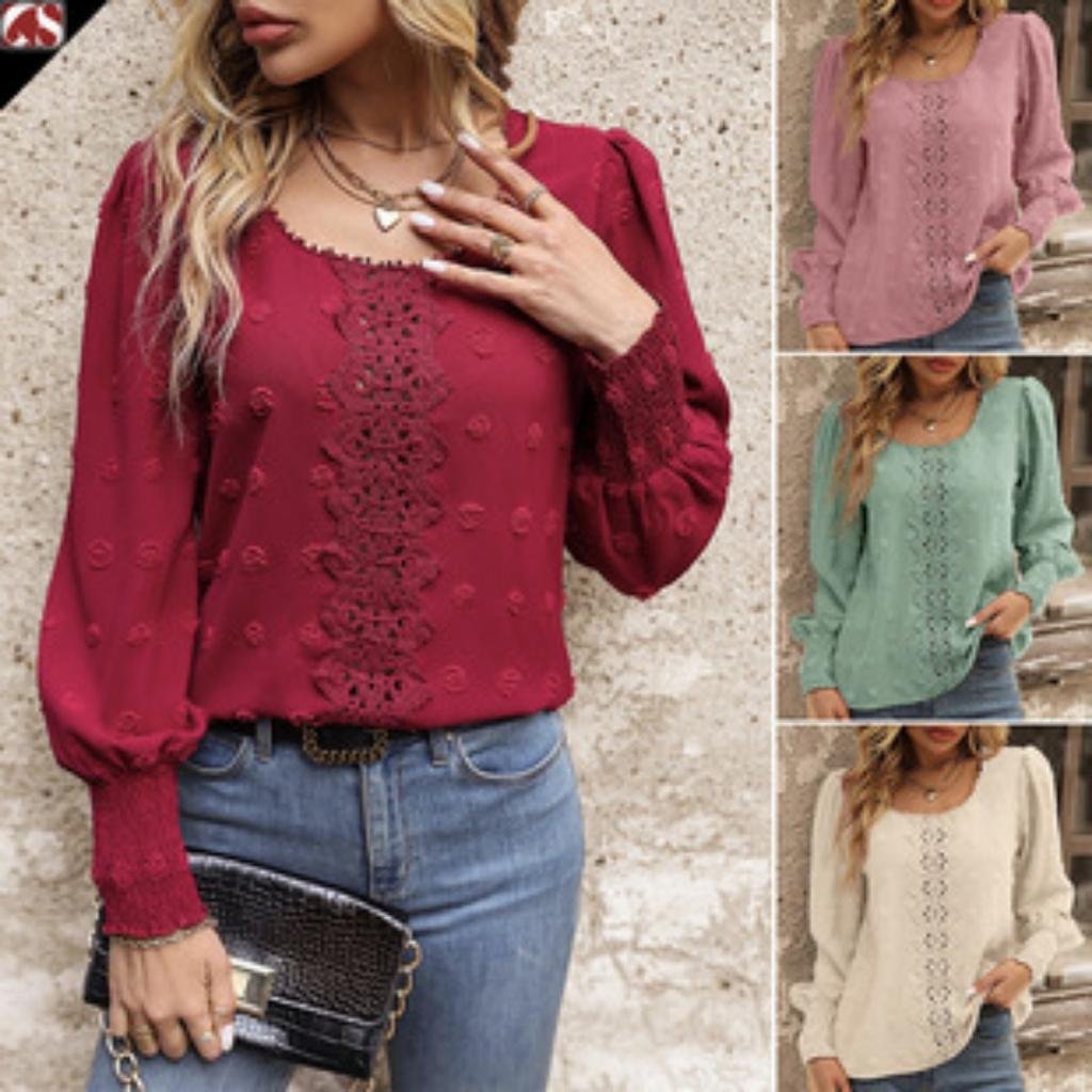 Summer Women's Loose Casual T-Shirt, European American Style Lace Crew Neck Flounce Sleeve Jacquard Dot Lace Trim Top